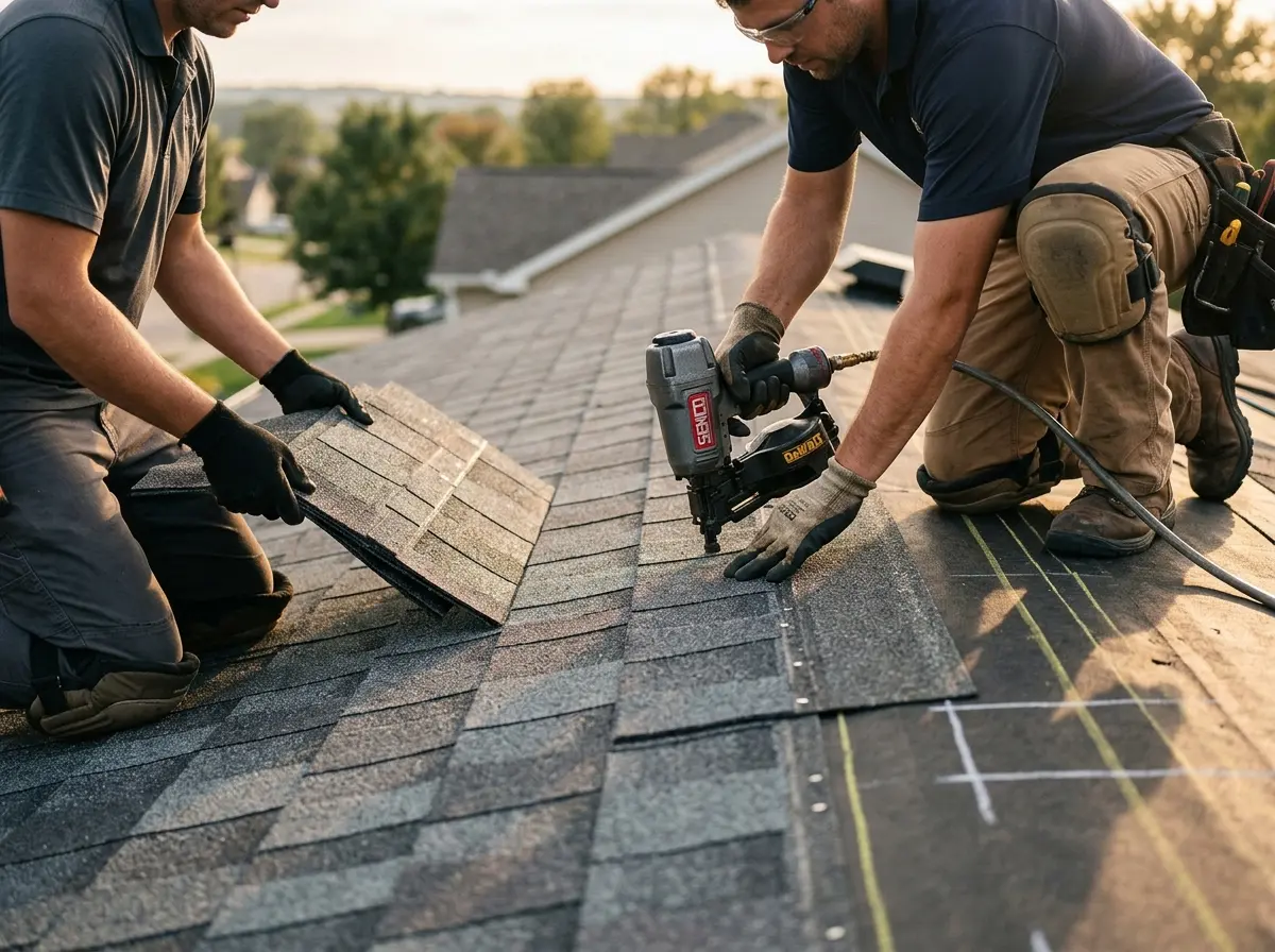 Professional roofer working on a residential roof in Charleston